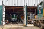 Diesel locomotives inside the barn